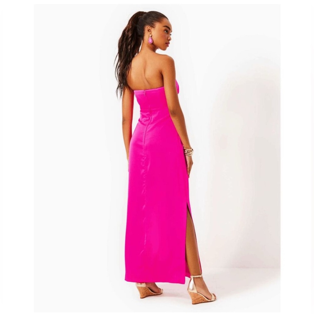 New Lilly Pulitzer Carlynn Satin Maxi Bow Dress Pink Palms Size 10 - Picture 5 of 6